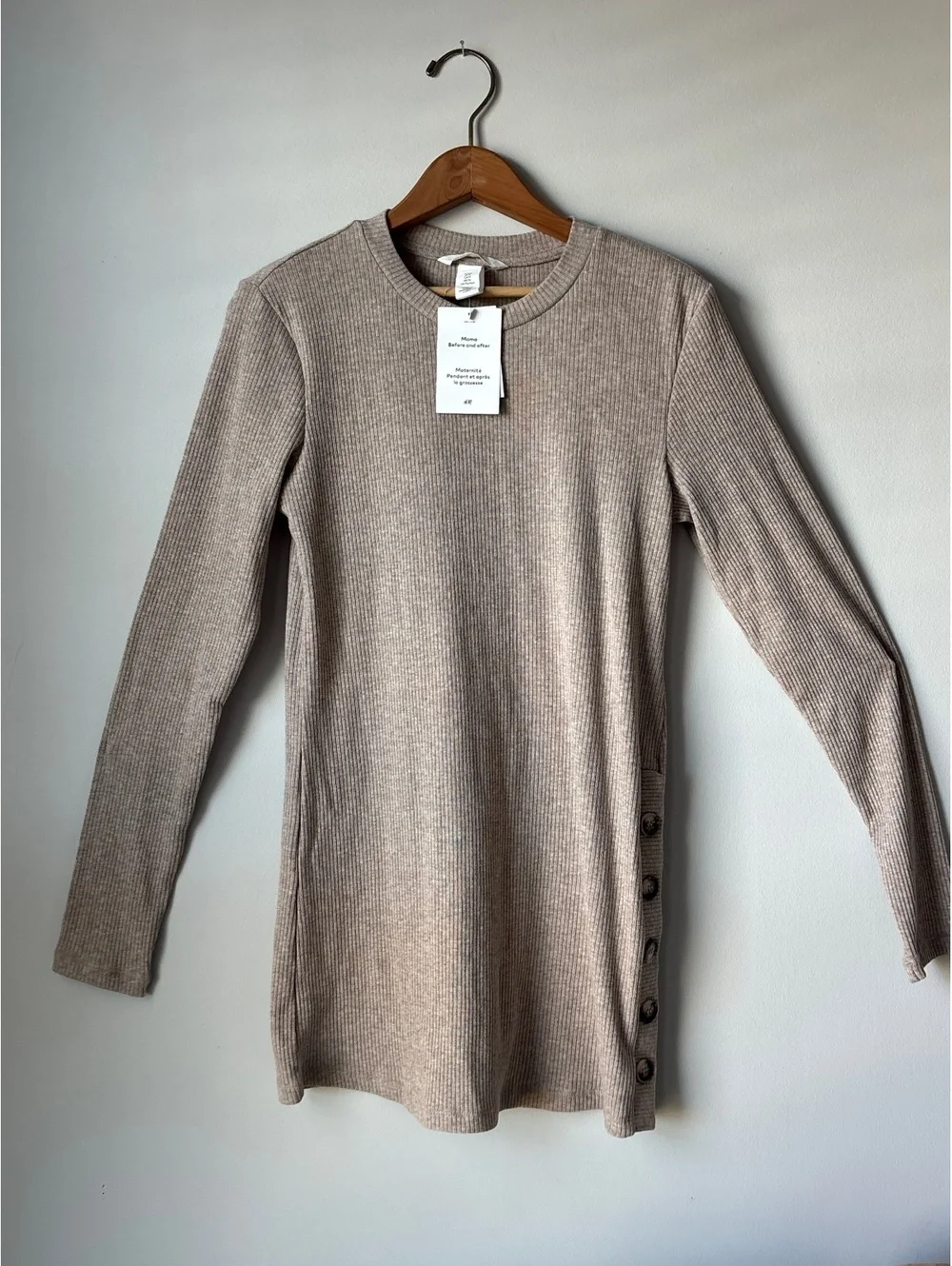 NWT H&M Mama Maternity Ribbed Long Sleeve Top Side Buttons Heather Beige Size M